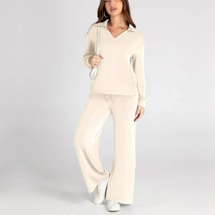 Women’s V‑Neck Long Sleeve Lounge Set Beige Outfit Sets
