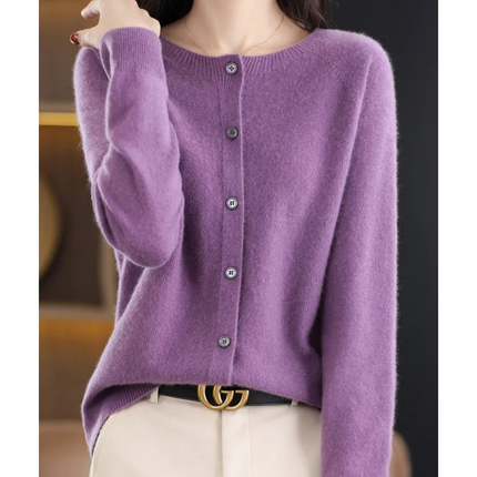Pure Wool Ladies O-neck Cardigan Cashmere Sweater Purple Sweater