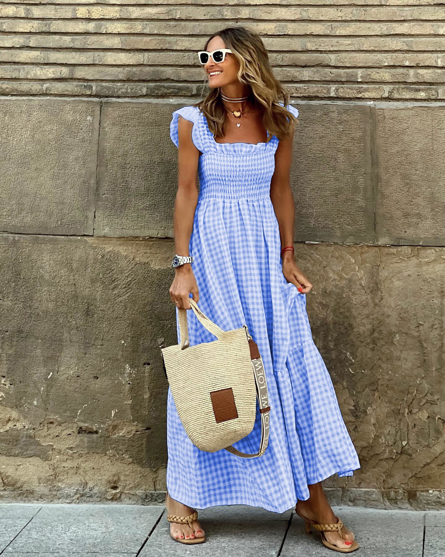 Summer Plaid Sleeveless Ruffle A-Line Dress Sky Blue Dresses