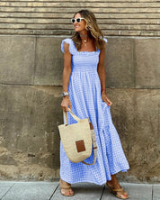 Summer Plaid Sleeveless Ruffle A-Line Dress Sky Blue Dresses