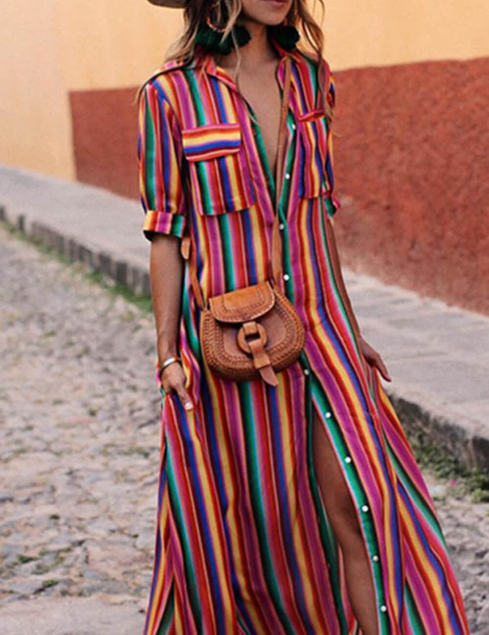 Casual Striped Printed Shirt Maxi Skirt Dresses