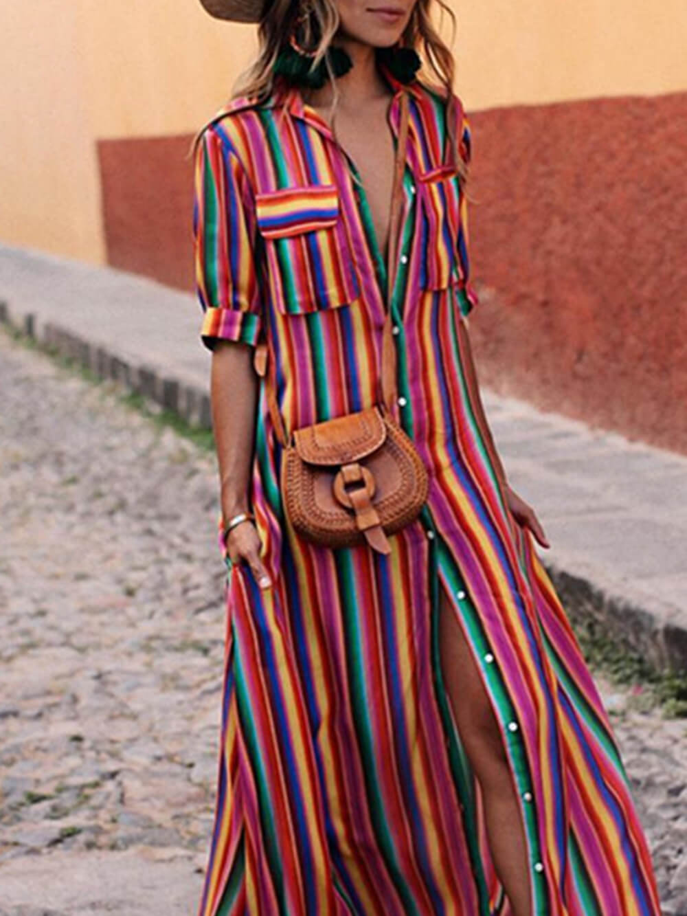Casual Striped Printed Shirt Maxi Skirt Dresses
