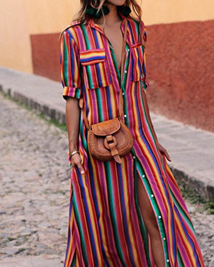 Casual Striped Printed Shirt Maxi Skirt Dresses