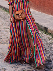Casual Striped Printed Shirt Maxi Skirt Dresses