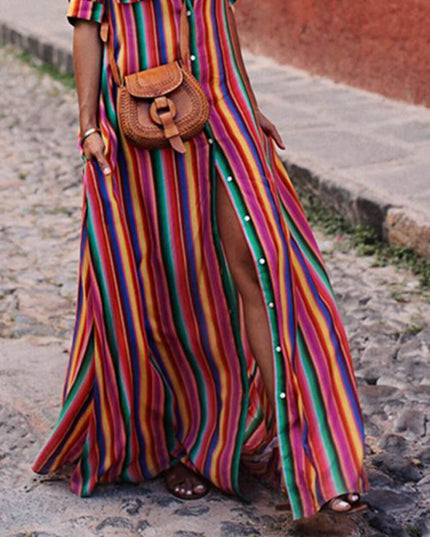 Casual Striped Printed Shirt Maxi Skirt Dresses
