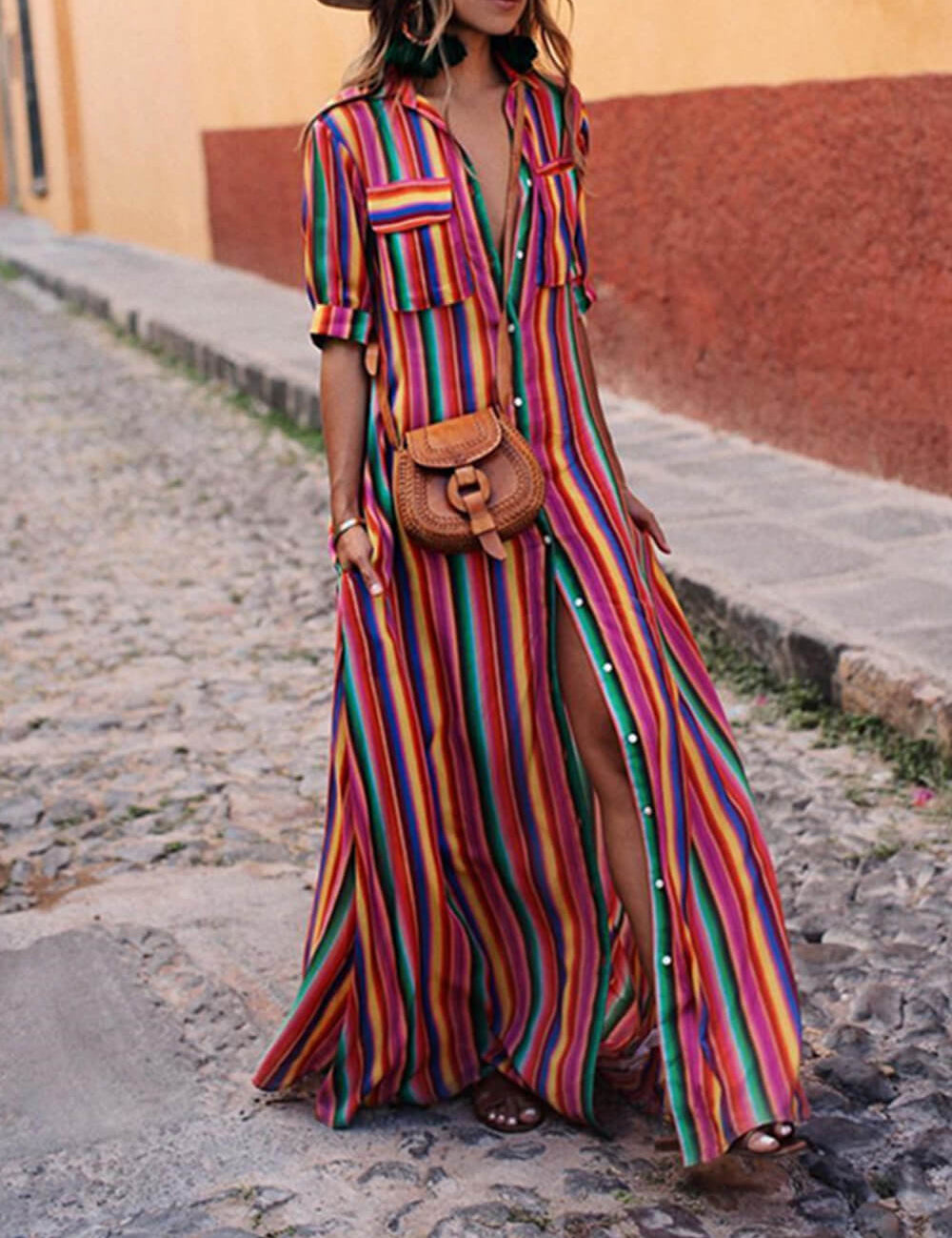 Casual Striped Printed Shirt Maxi Skirt Red Dresses