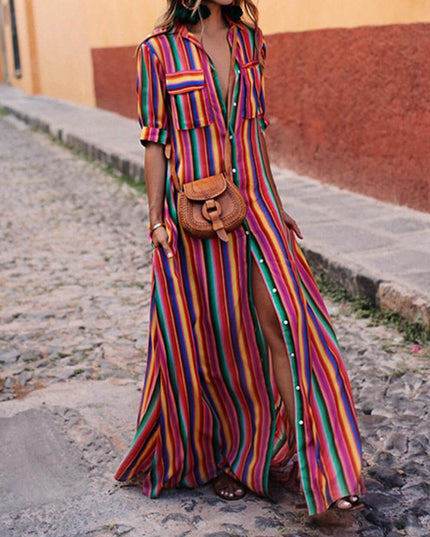 Casual Striped Printed Shirt Maxi Skirt Red Dresses