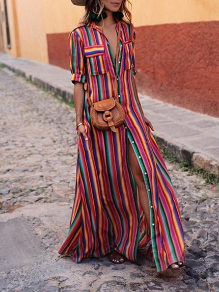 Casual Striped Printed Shirt Maxi Skirt Red Dresses