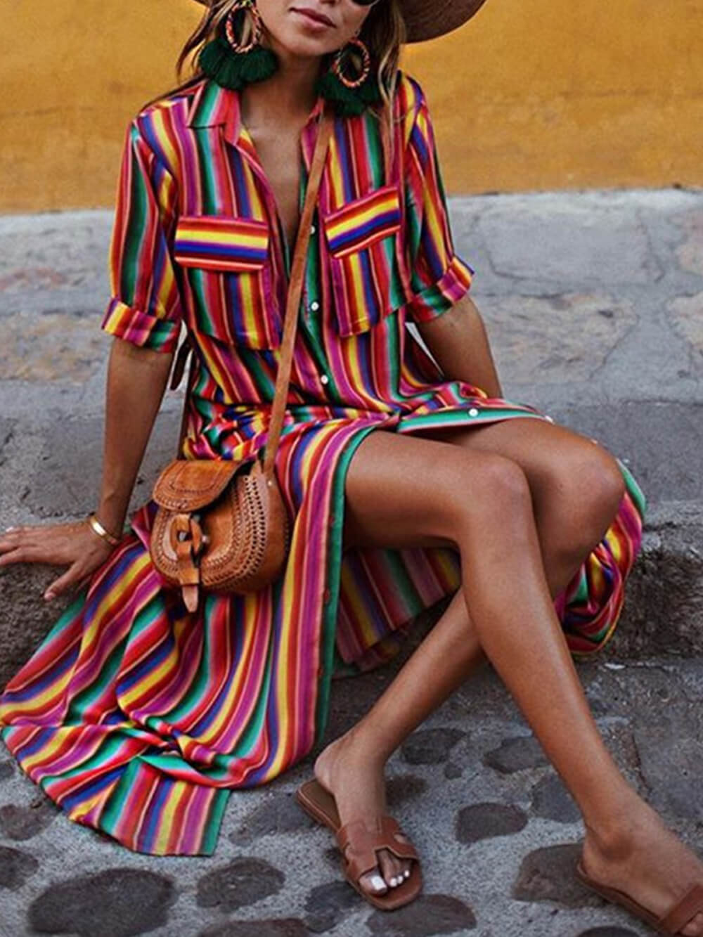 Casual Striped Printed Shirt Maxi Skirt Dresses