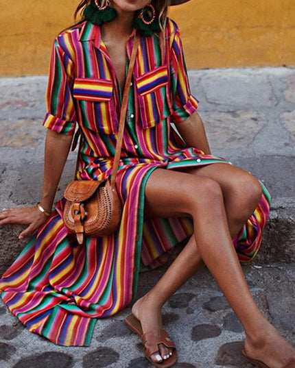 Casual Striped Printed Shirt Maxi Skirt Dresses
