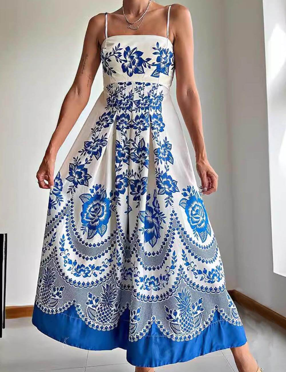 Ethnic Floral Print Back Smocked Loose Midi Dress Blue Dresses