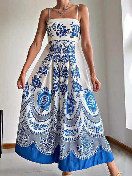 Ethnic Floral Print Back Smocked Loose Midi Dress Blue Dresses