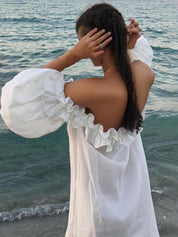 Ruffle Off Shoulder Puff Sleeve Pocketed Midi Dress Dresses