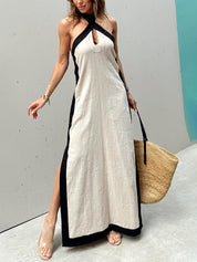 Halter Neck Slit Color Block Maxi Dress Beige Dresses