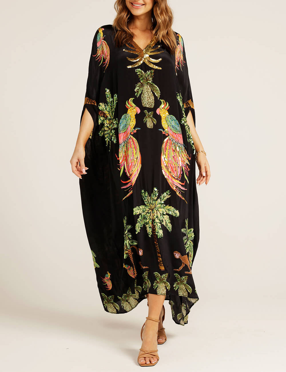 Unique Drop Shoulder Sleeve Coconut Tree Printed Dress Black Dresses