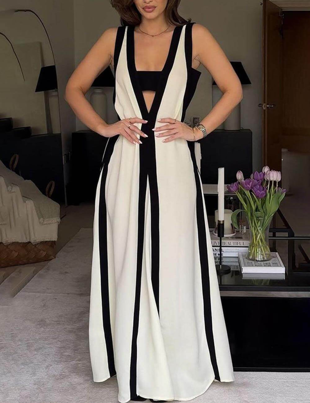 Colorblock Reversible Style A-Line Maxi Dress Beige Dresses
