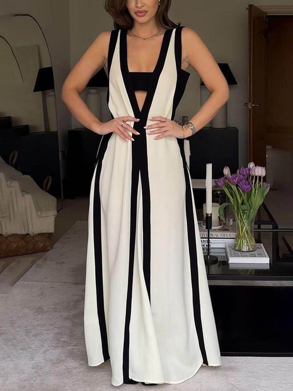 Colorblock Reversible Style A-Line Maxi Dress Beige Dresses