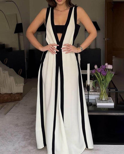Colorblock Reversible Style A-Line Maxi Dress Beige Dresses