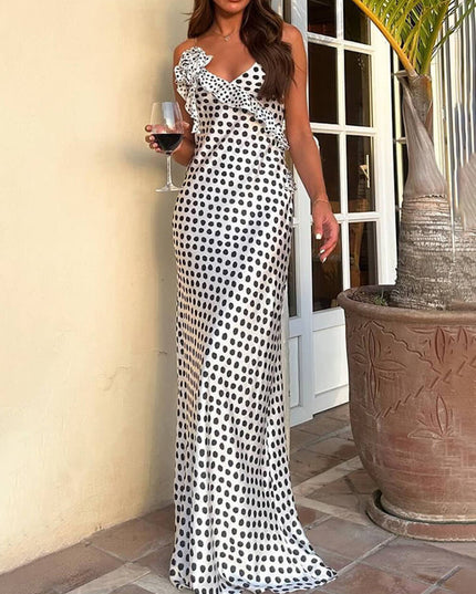 Polka Dot Print Fantasy Guipure Ruffled Suspender Maxi Dress Black Dresses
