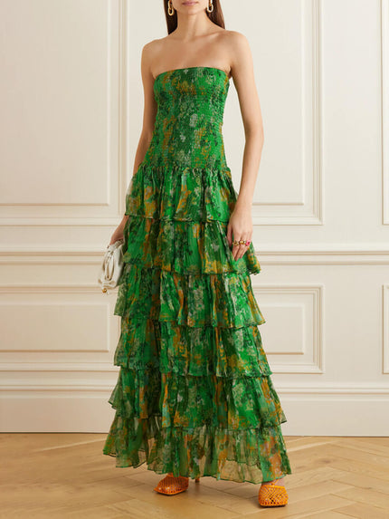Strapless Layered Bandeau Floral Print Maxi Dress Green Dresses