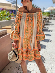 Ethnic Print Linen Blend Off Shoulder Loose Mini Dress Orange Dresses