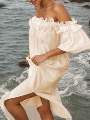 Ruffle Off Shoulder Puff Sleeve Pocketed Midi Dress Dresses
