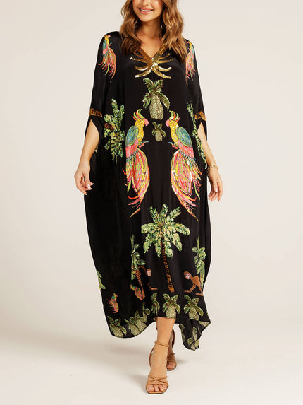 Unique Drop Shoulder Sleeve Coconut Tree Printed Dress Black One Size Fit Dresses