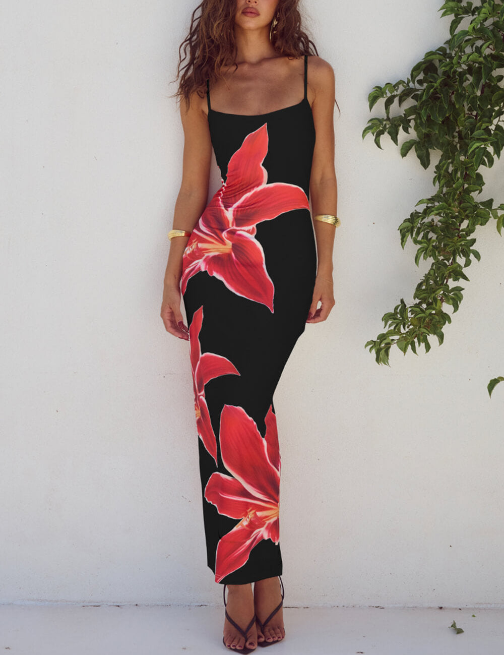 Abstract Unforgettable Floral Print Maxi Dress Black Dresses