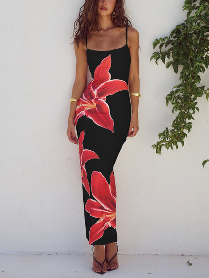Abstract Unforgettable Floral Print Maxi Dress Black Dresses