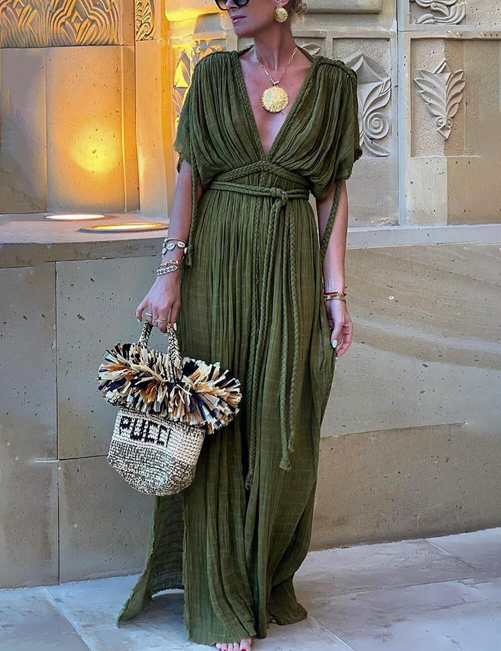 Kimono Draped Braids Cover Up Slit Maxi Dress Green Dresses