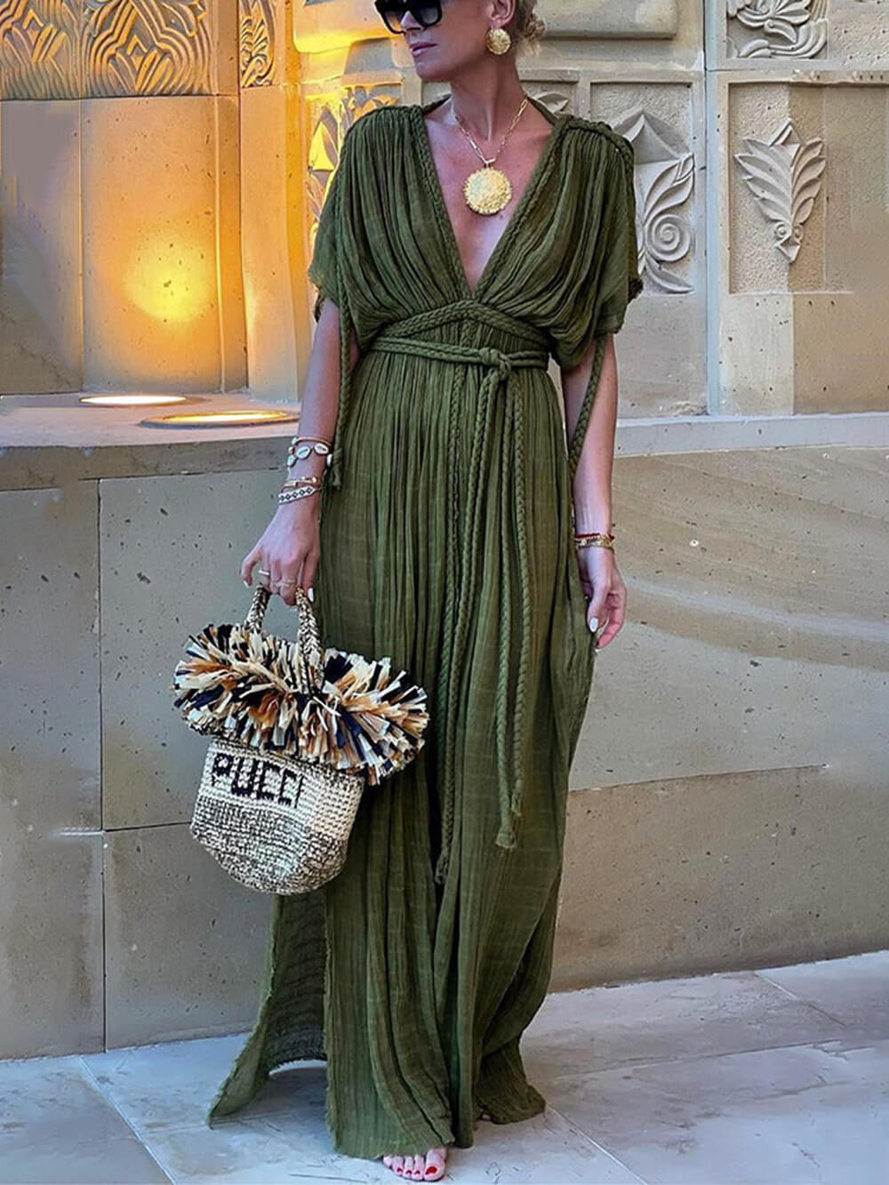 Kimono Draped Braids Cover Up Slit Maxi Dress Green Dresses