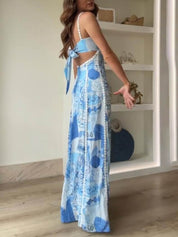 Halter Straps Lace Patchwork Printed Back Tie Halter Flare Maxi Dresses Dresses