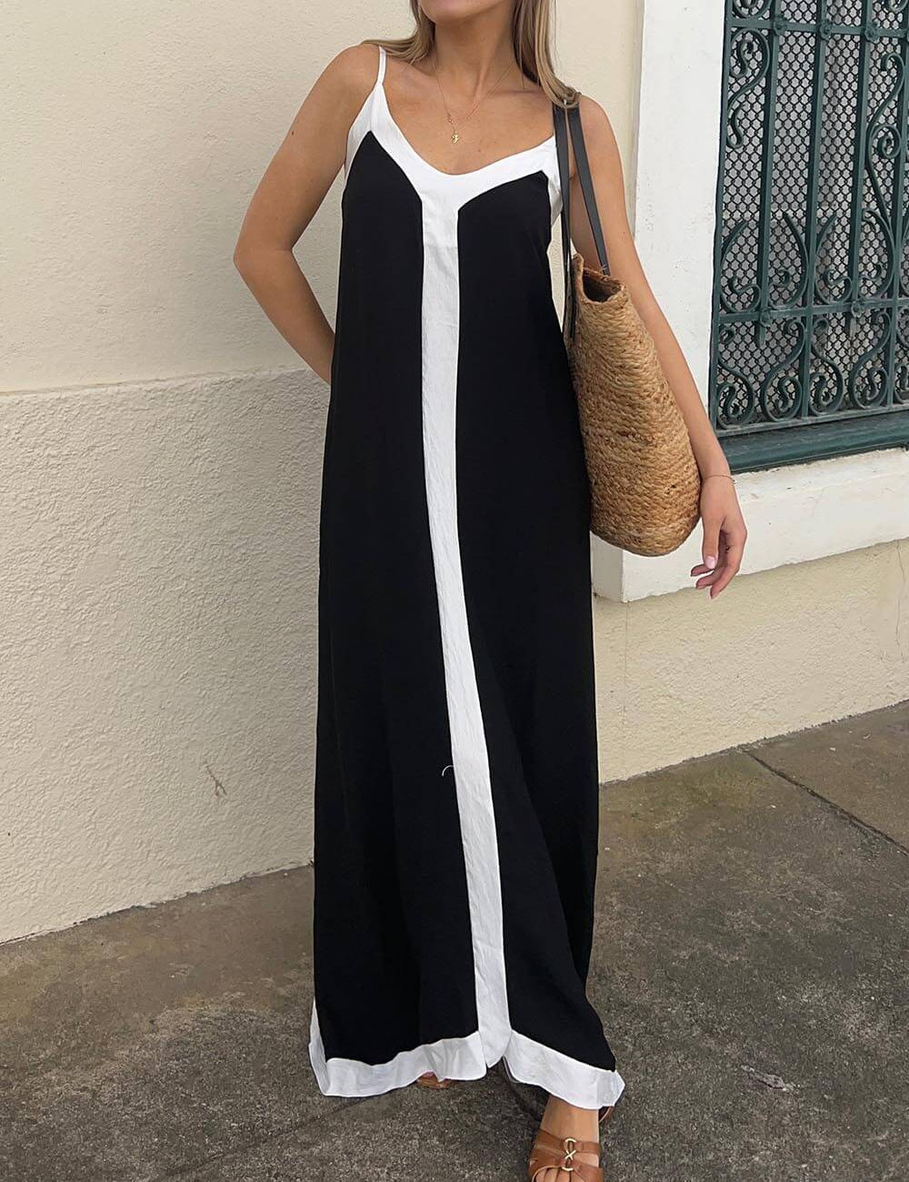 Suspender Colorblock Midi Dress Black Dresses