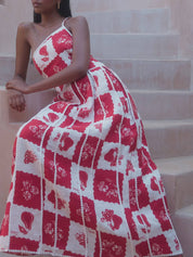 Unique Printed Floral Trim One Shoulder Flared Maxi Dress Dresses