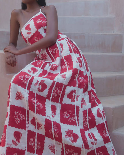 Unique Printed Floral Trim One Shoulder Flared Maxi Dress Dresses