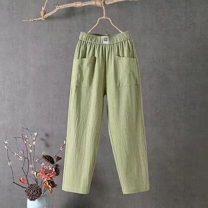 Casual Cotton Linen Trousers with Elasticated Waist Green