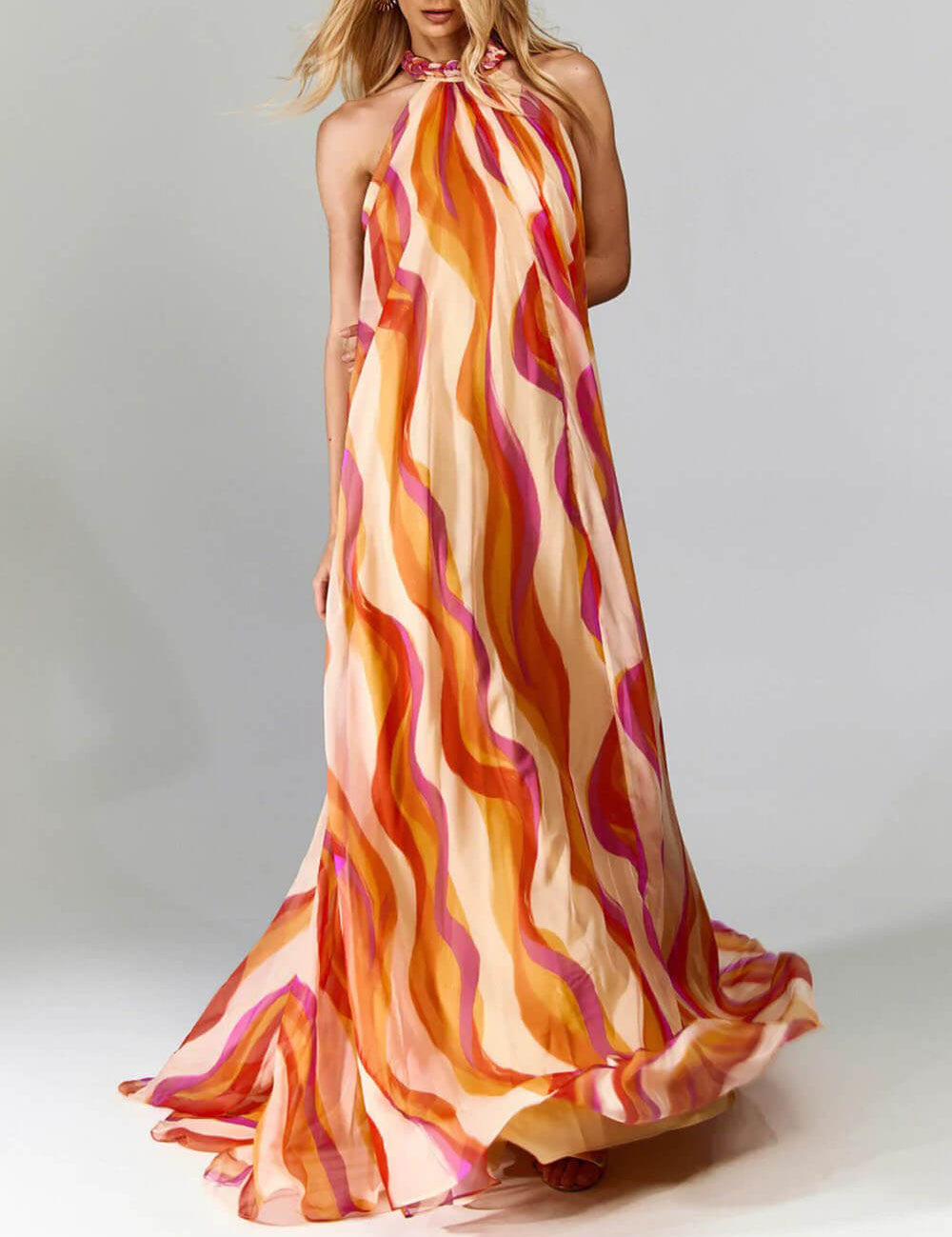 Floral Braided Strap Maxi Dress Sleeveless & Tiered Orange Dresses