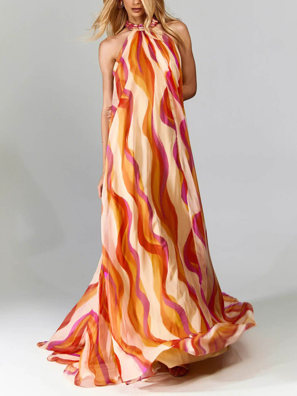 Floral Braided Strap Maxi Dress Sleeveless & Tiered Orange Dresses