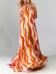Floral Braided Strap Maxi Dress Sleeveless & Tiered Orange Dresses