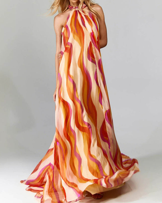 Elegant Braided Halterneck Wave Print Maxi Dress Orange Dresses