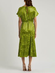 Elegant Satin Jacquard Midi Dress Women’s Green Dresses