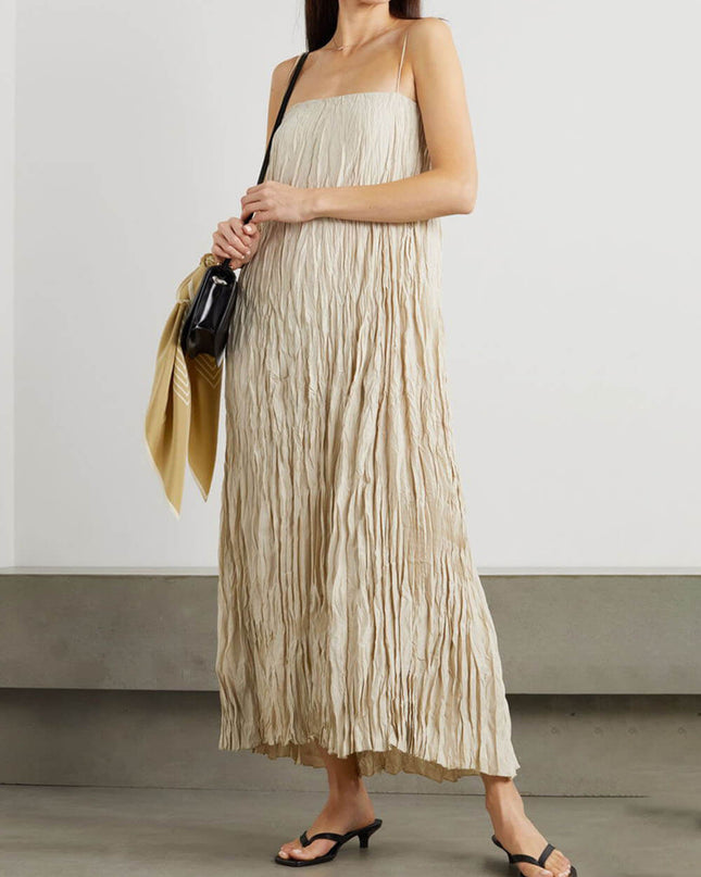 Elegant And Beautiful Pleated Suspender Maxi Dress Beige Dresses