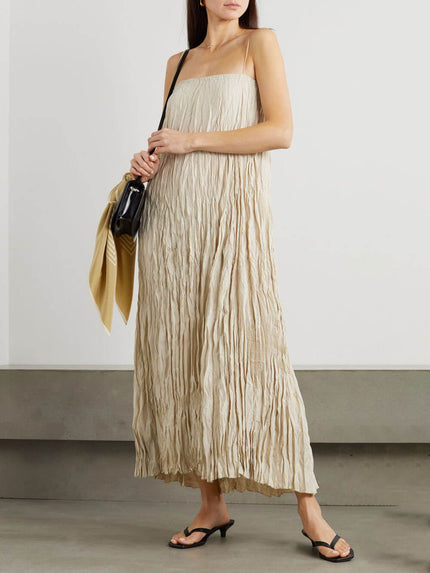 Elegant And Beautiful Pleated Suspender Maxi Dress Beige Dresses