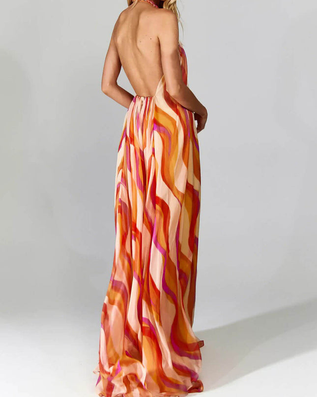 Elegant Braided Halterneck Wave Print Maxi Dress Dresses