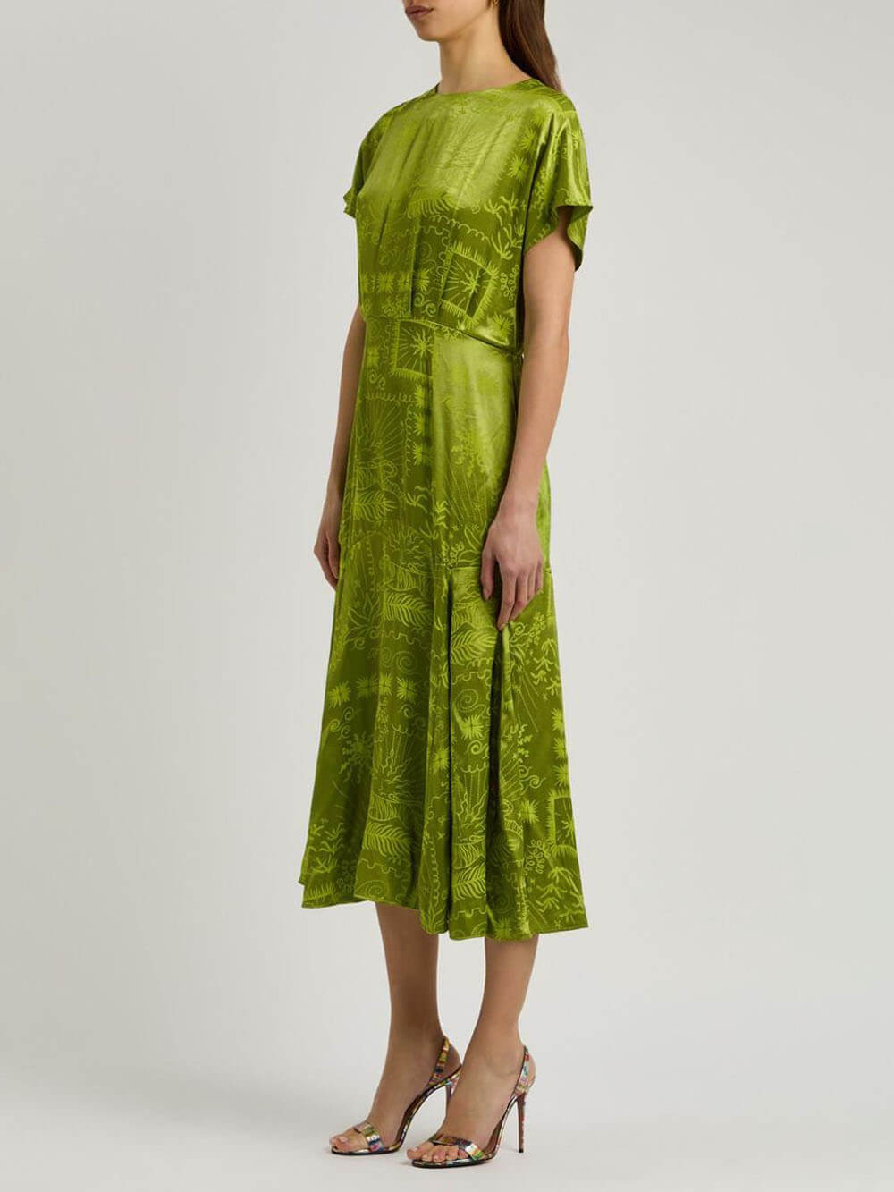 Elegant Satin Jacquard Midi Dress Women’s Green Dresses