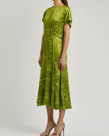 Elegant Satin Unique Jacquard Print Midi Dress Dresses