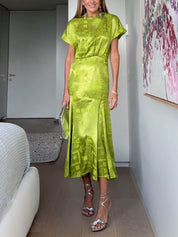 Elegant Satin Jacquard Midi Dress Women’s Green Green Dresses