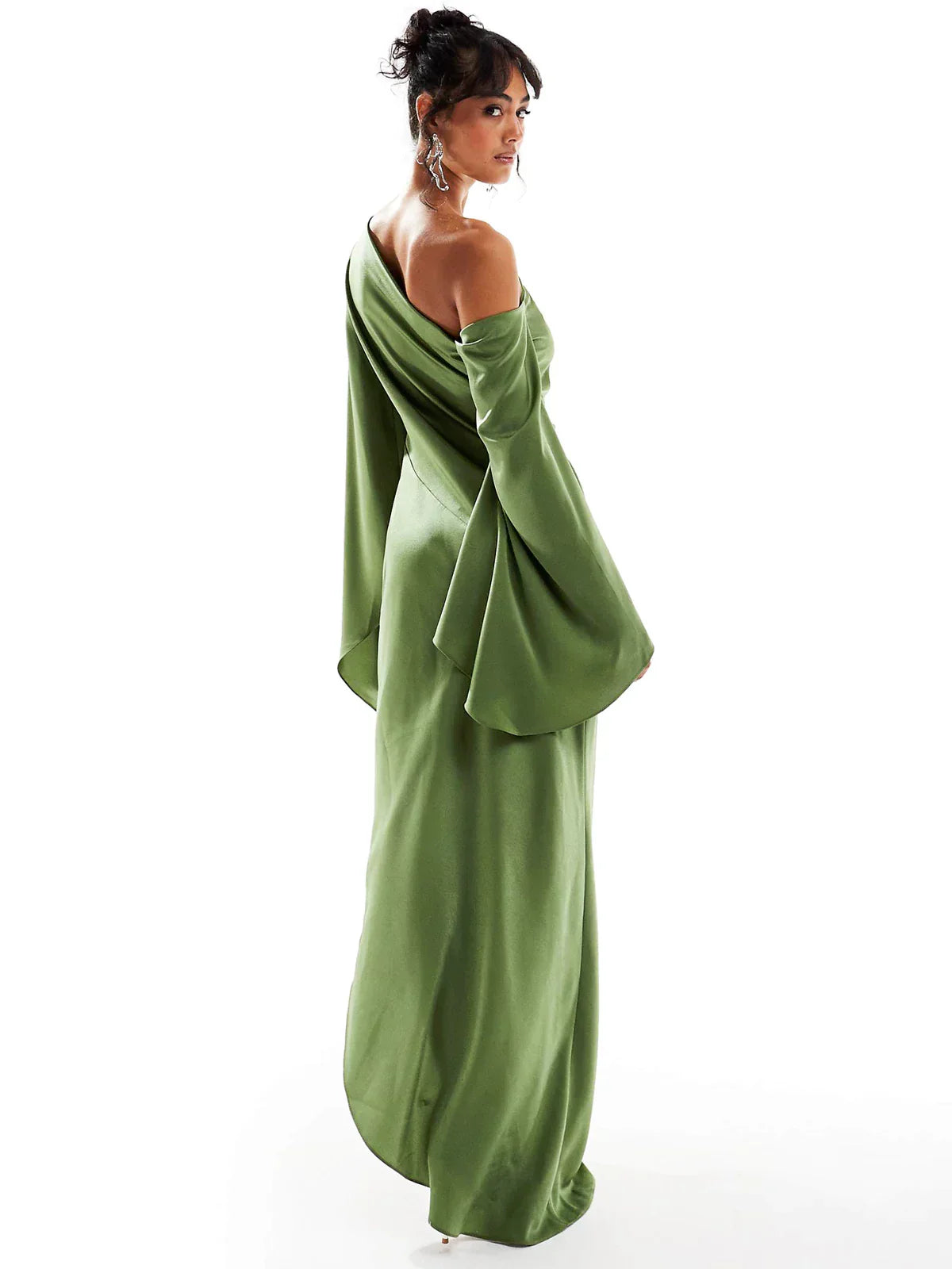 Green Asymmetrical Hem Satin Maxi Dress Dresses