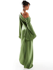 Green Asymmetrical Hem Satin Maxi Dress Dresses