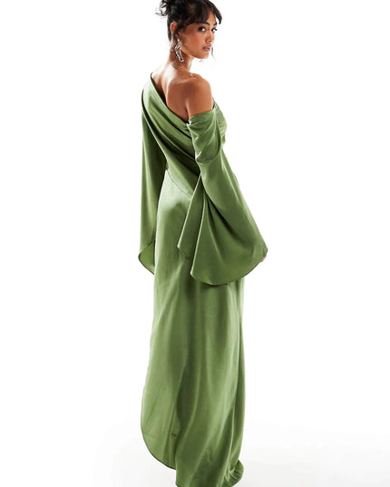 Green Asymmetrical Hem Satin Maxi Dress Dresses